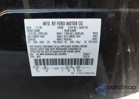 2020 Lincoln Nautilus Reserve z USA, uszkodzony, nr VIN 2LMPJ6K93LBL32303